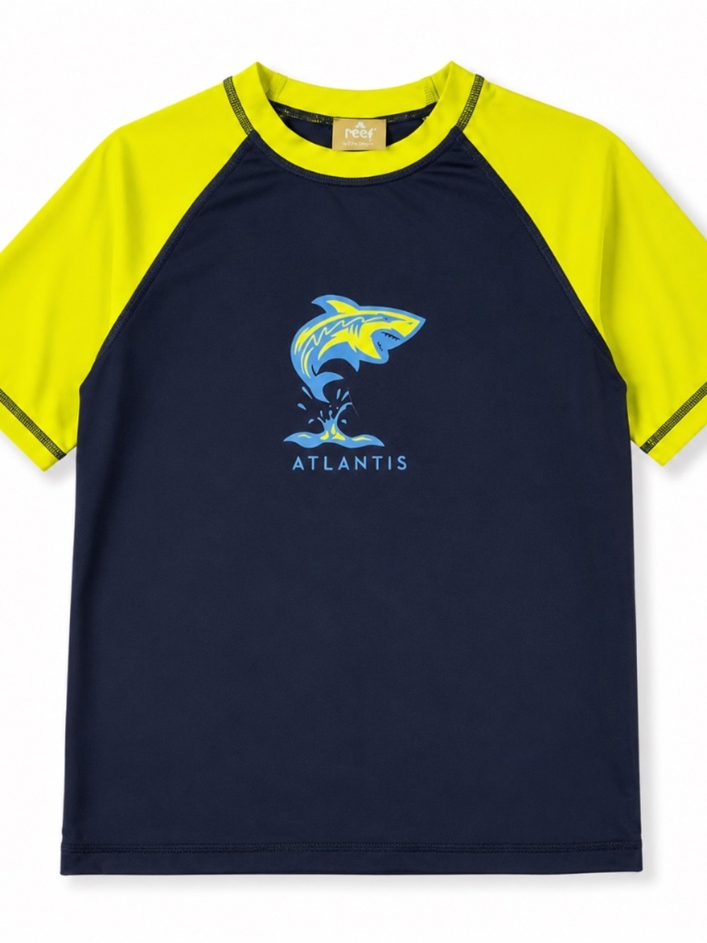 Reef Atlantis Rash Guard Navy Neon Yellow Short Sleeve Swim Top